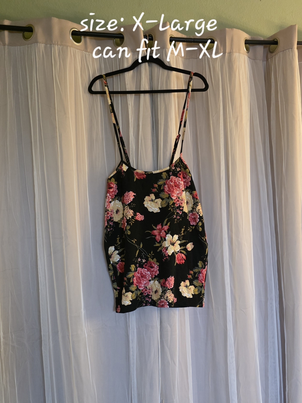 Floral Spaghetti Strap Tank Top - Black/Pink